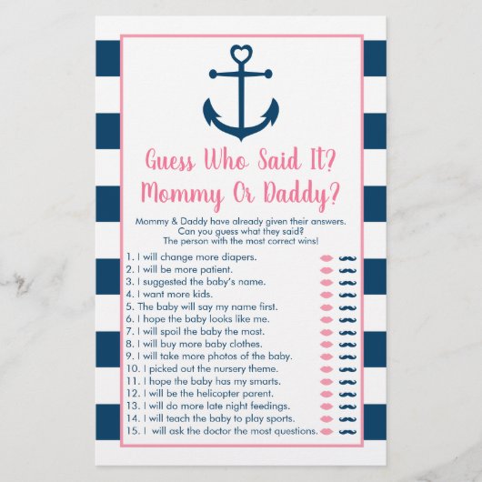 Pink Navy Anchor Guess Who Said It Shower Game (Front)