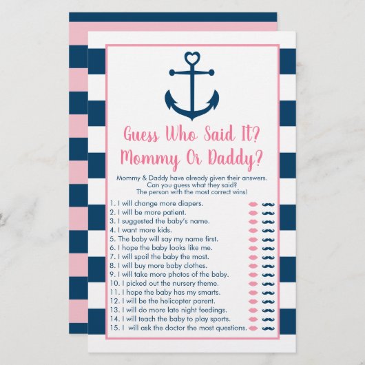 Pink Navy Anchor Guess Who Said It Shower Game (Front/Back)