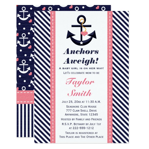 Pink Navy Anchor Nautical Baby Shower Invitations