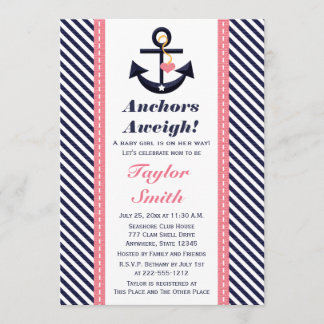 Pink Navy Anchor Nautical Baby Shower Invitations