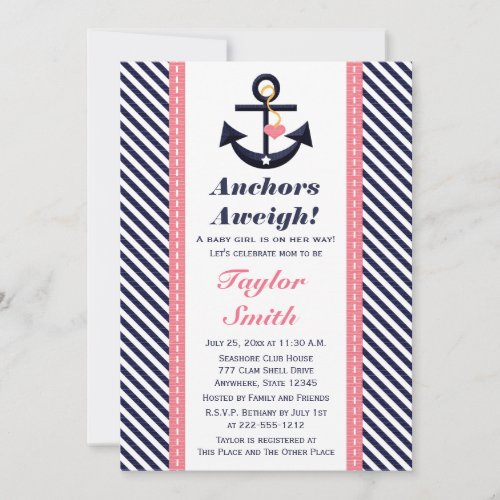 Pink Navy Anchor Nautical Baby Shower Invitations