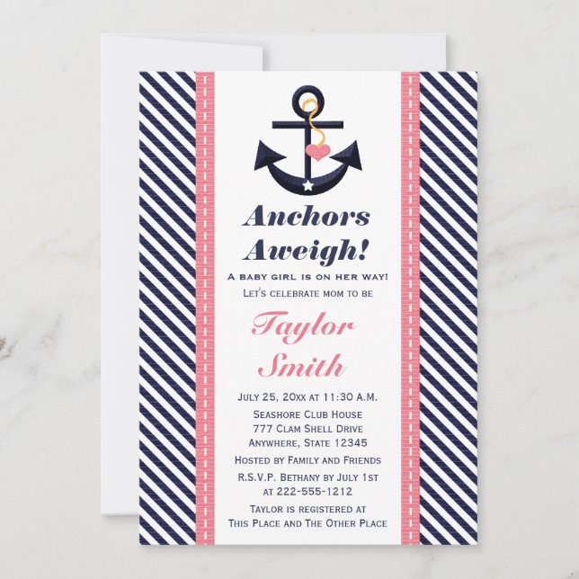 Pink Navy Anchor Nautical Baby Shower Invitations (Front)