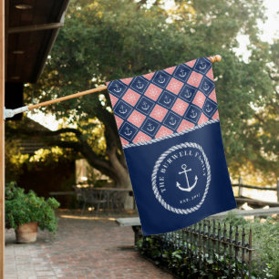 Pink Navy Anchor Ship's Wheel Pattern Add Name House Flag