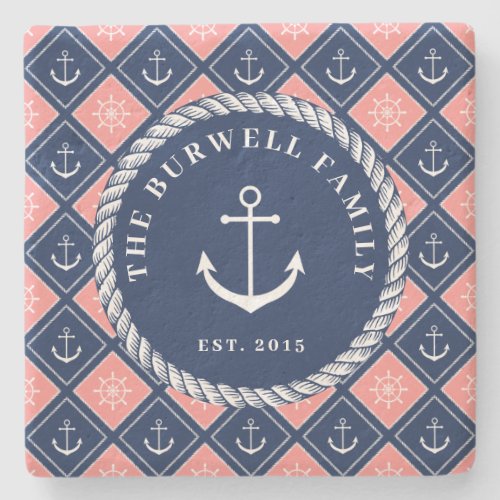 Pink Navy Anchor Ships Wheel Pattern Add Name Stone Coaster