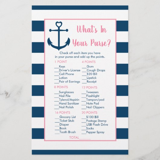 Pink Navy Anchor What's In Your Purse Game (Front)