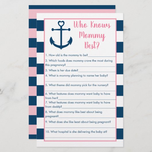 Pink Navy Anchor Who Knows Mommy Best Game (Front/Back)