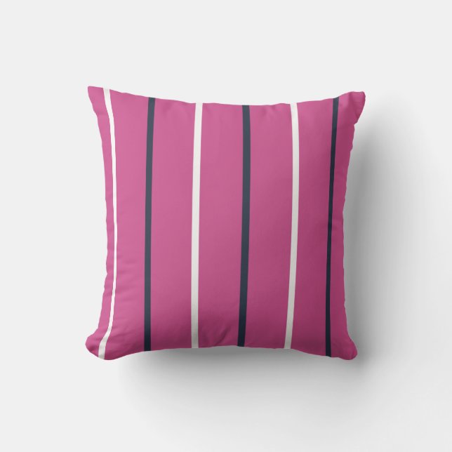 Pink Navy and White Thin Vertical Stripes  Outdoor Pillow (Front)