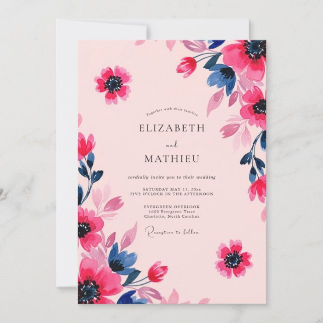Pink Navy Artistic Summer Wedding Invitation (Front)