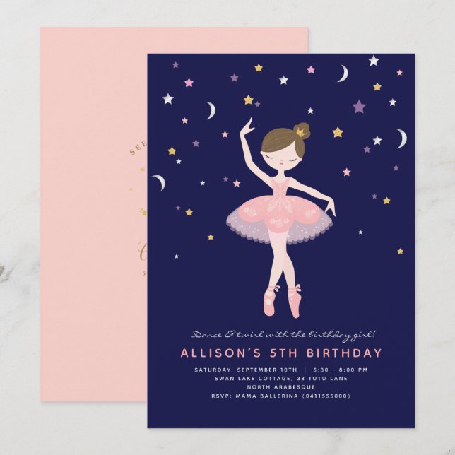Pink & Navy Ballerina Birthday Invitation (Front/Back)