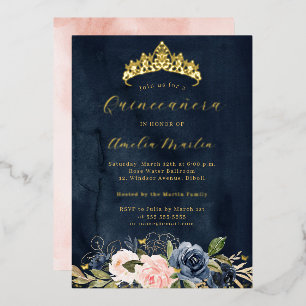Pink Navy Blooming Floral Butterfly Quinceanera Foil Invitation