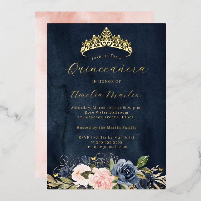 Pink Navy Blooming Floral Butterfly Quinceanera Foil Invitation (Front/Back)
