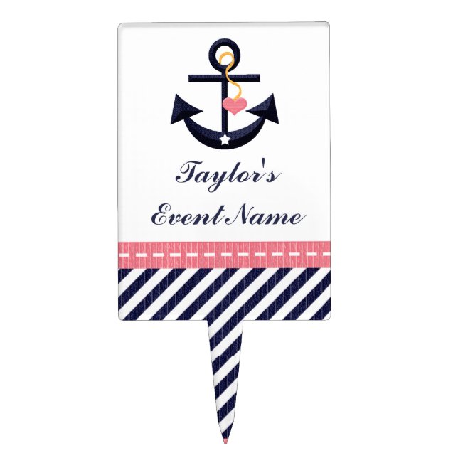 Pink Navy Blue Anchor Nautical Cake Pick Topper (Front)