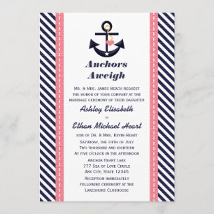 Pink Navy Blue Anchor Nautical Wedding Invitations