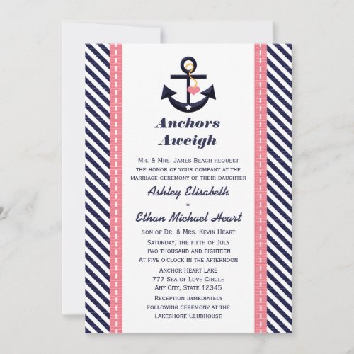 Pink Navy Blue Anchor Nautical Wedding Invitations