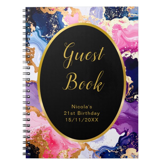 Pink, Navy Blue and Gold Ink Birthday Guest Book (Front)