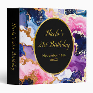 Pink, Navy Blue and Gold Ink Birthday Party 3 Ring Binder