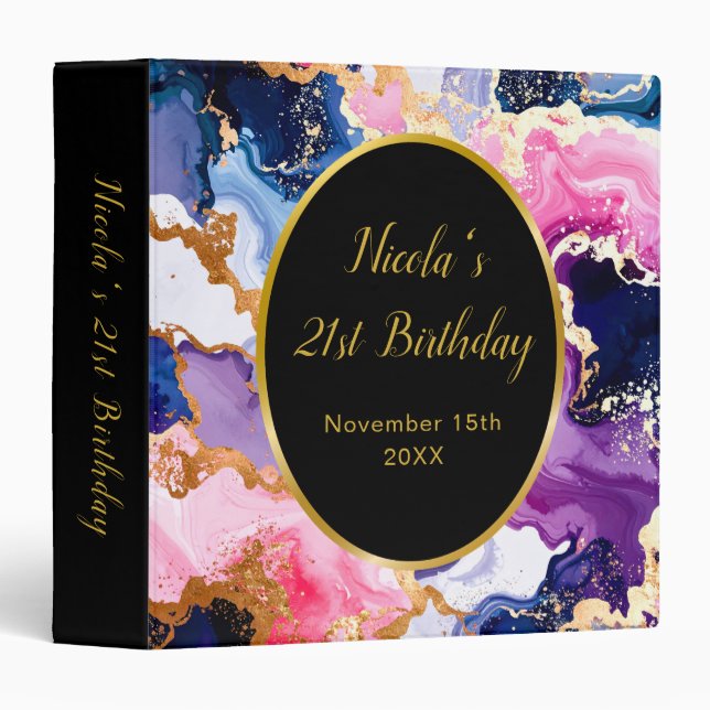 Pink, Navy Blue and Gold Ink Birthday Party 3 Ring Binder (Front/Spine)