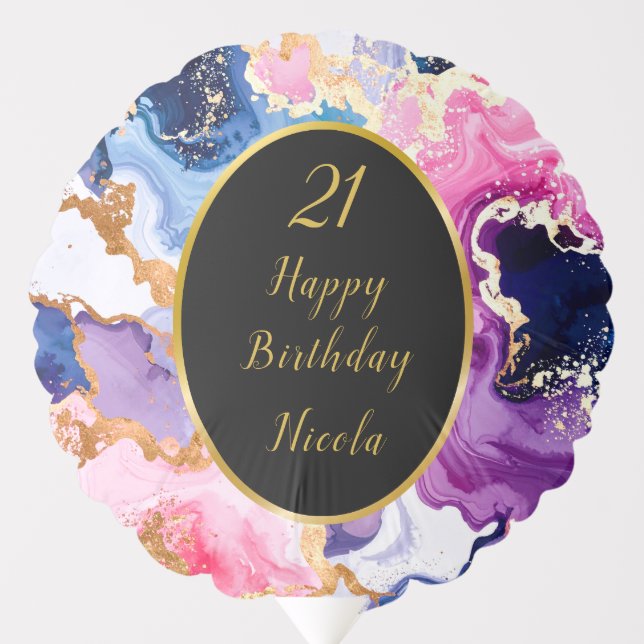 Pink, Navy Blue and Gold Ink Birthday Party Balloon (Front)