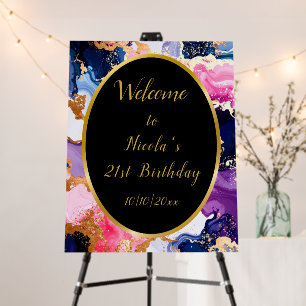 Pink, Navy Blue and Gold Ink Birthday Party Foam Board