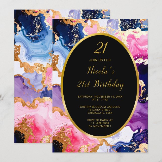 Pink, Navy Blue and Gold Ink Birthday Party Invitation (Front/Back)
