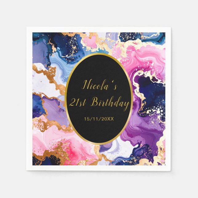 Pink, Navy Blue and Gold Ink Birthday Party Napkins (Front)