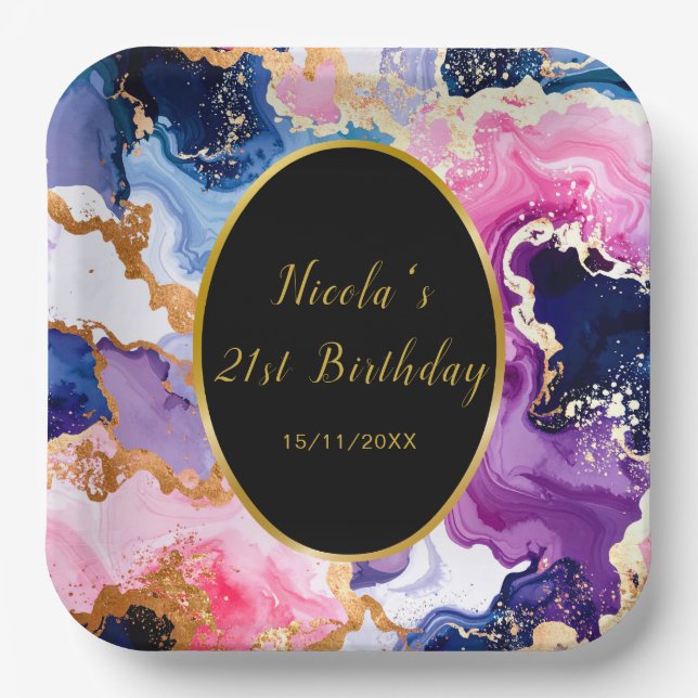 Pink, Navy Blue and Gold Ink Birthday Party Paper Plates (Front)