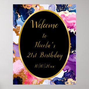 Pink, Navy Blue and Gold Ink Birthday Party Poster