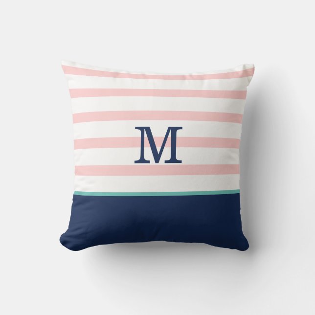 Pink, Navy Blue and Teal Monogram Throw Pillow (Front)