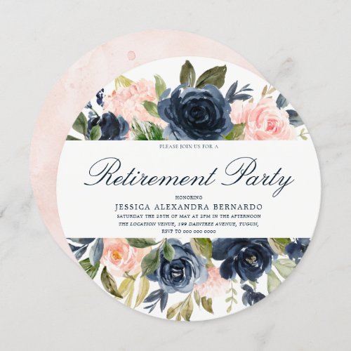 Pink Navy Blue Boy Blush Floral Retirement Party Invitation