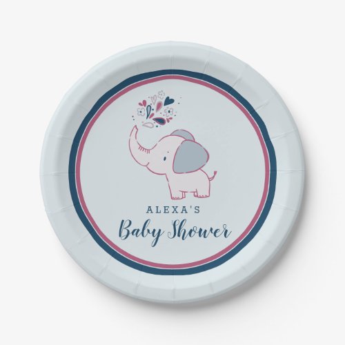 Pink  Navy Blue Cute Elephant Themed Baby Shower Paper Plates