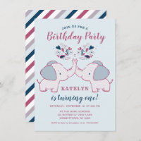 Pink & Navy Blue Cute Elephants Birthday Party Invitation