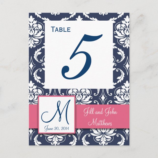 Pink Navy Blue Damask Wedding Table Number (Front)