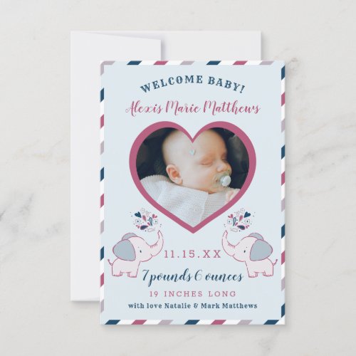 Pink  Navy Blue Elephant Baby Girl Photo Birth Announcement