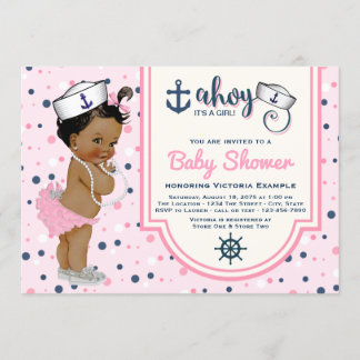 Pink Navy Blue Ethnic Girl Nautical Baby Shower Invitation