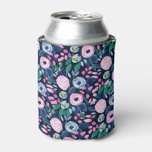 Pink Navy Blue Floral Bouquet Watercolor Pattern Can Cooler