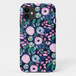 Pink Navy Blue Floral Bouquet Watercolor Pattern iPhone 11 Case