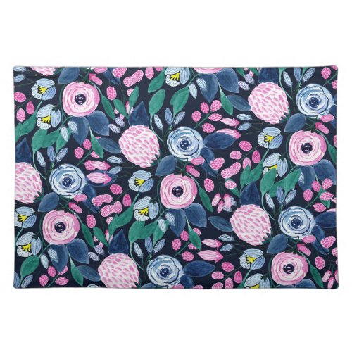 Pink Navy Blue Floral Bouquet Watercolor Pattern Cloth Placemat