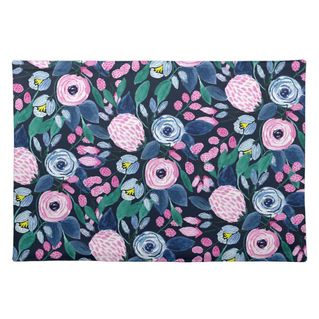 Pink Navy Blue Floral Bouquet Watercolor Pattern Cloth Placemat | Zazzle