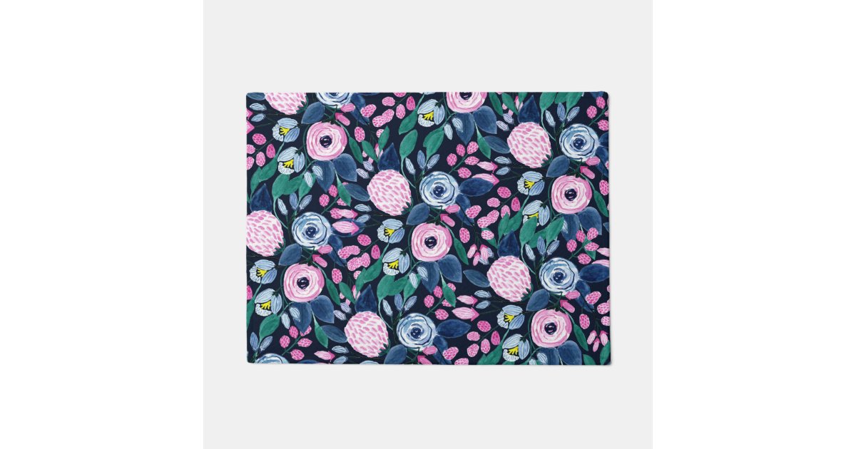Pink Navy Blue Floral Bouquet Watercolor Pattern Doormat | Zazzle