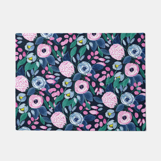 Pink Navy Blue Floral Bouquet Watercolor Pattern Doormat | Zazzle