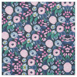 Pink Navy Blue Floral Bouquet Watercolor Pattern Fabric
