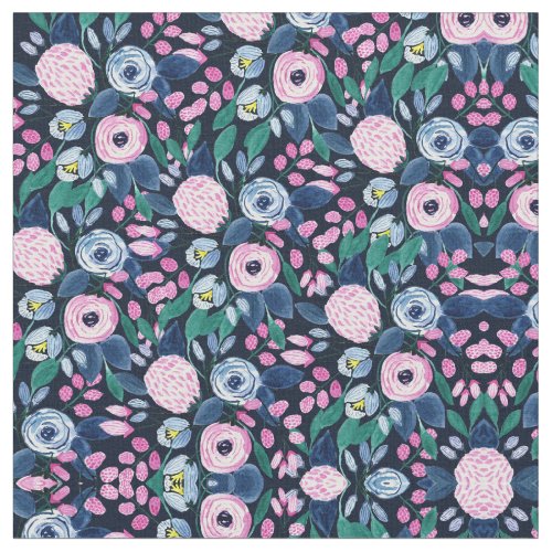 Pink Navy Blue Floral Bouquet Watercolor Pattern Fabric