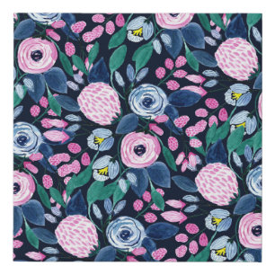Pink Navy Blue Floral Bouquet Watercolor Pattern Faux Canvas Print