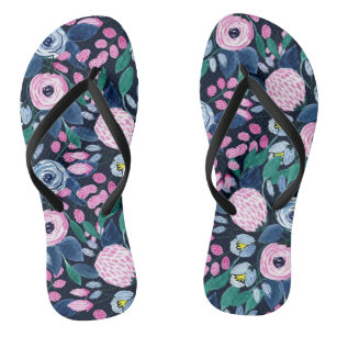 Pink Navy Blue Floral Bouquet Watercolor Pattern Flip Flops