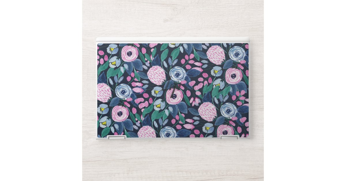 Pink Navy Blue Floral Bouquet Watercolor Pattern HP Laptop Skin | Zazzle