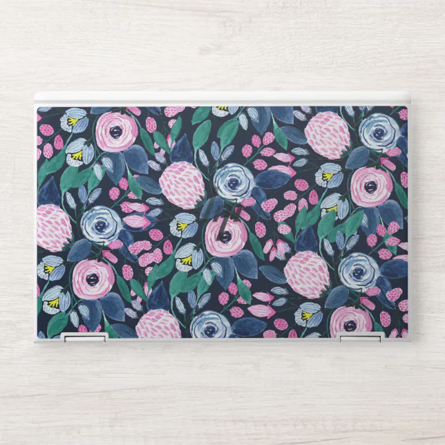 Pink Navy Blue Floral Bouquet Watercolor Pattern HP Laptop Skin | Zazzle