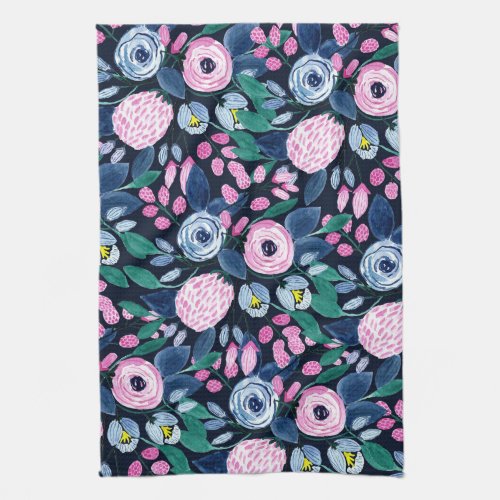 Pink Navy Blue Floral Bouquet Watercolor Pattern Kitchen Towel