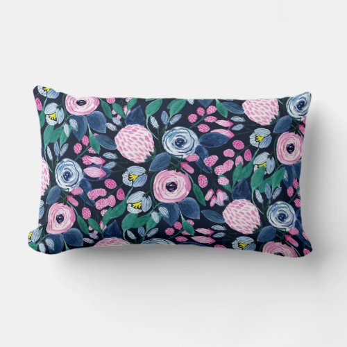 Pink Navy Blue Floral Bouquet Watercolor Pattern Lumbar Pillow