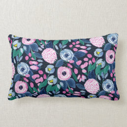 Pink Navy Blue Floral Bouquet Watercolor Pattern Lumbar Pillow