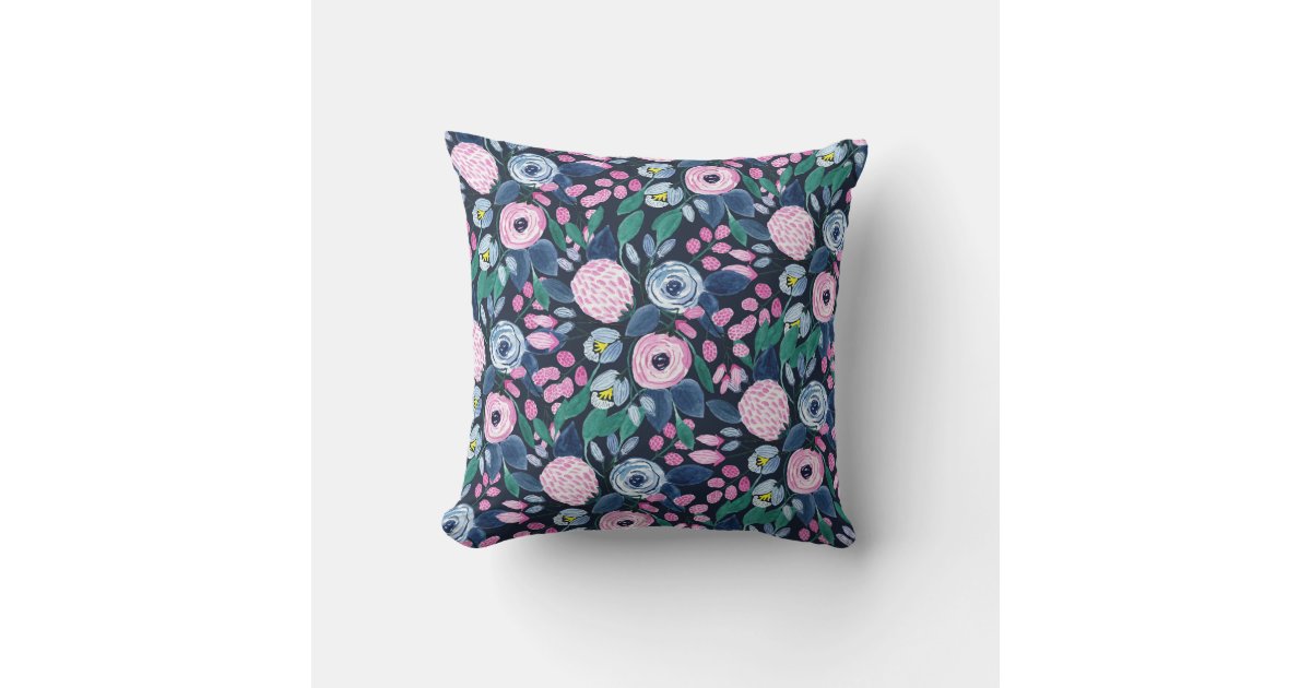 Pink Navy Blue Floral Bouquet Watercolor Pattern Outdoor Pillow | Zazzle